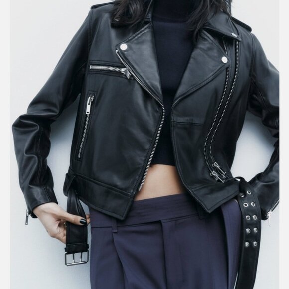 ZARA 100% Lambskin Leather Biker Jacket Size S 🖤 - Picture 13 of 16